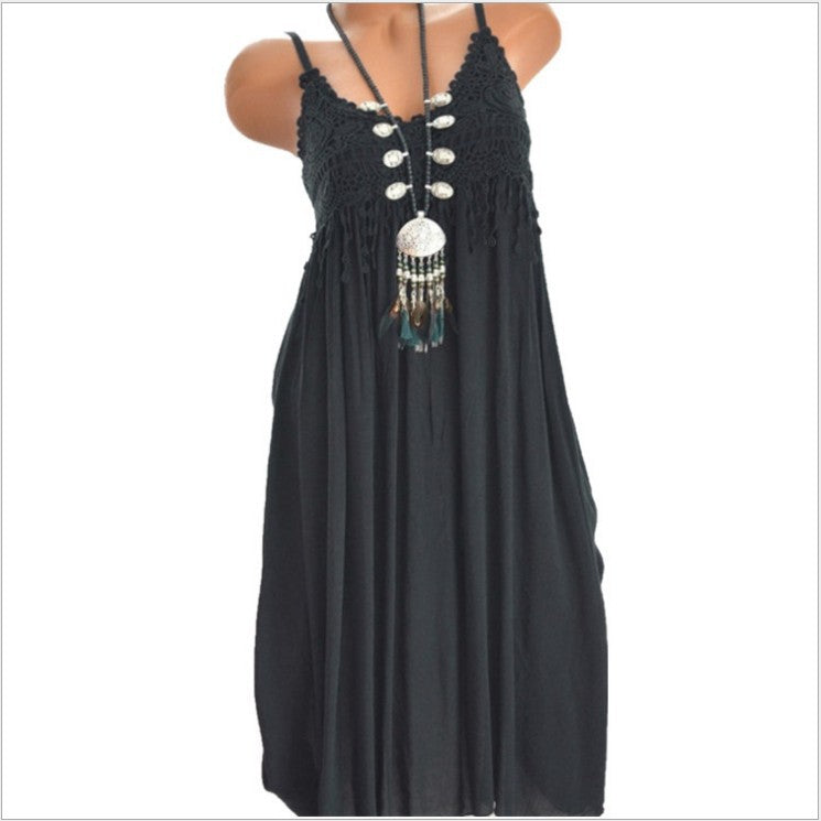 27,14 USD - Robe mi-longue à bretelles, sexy, en dentelle unie et empiècements,