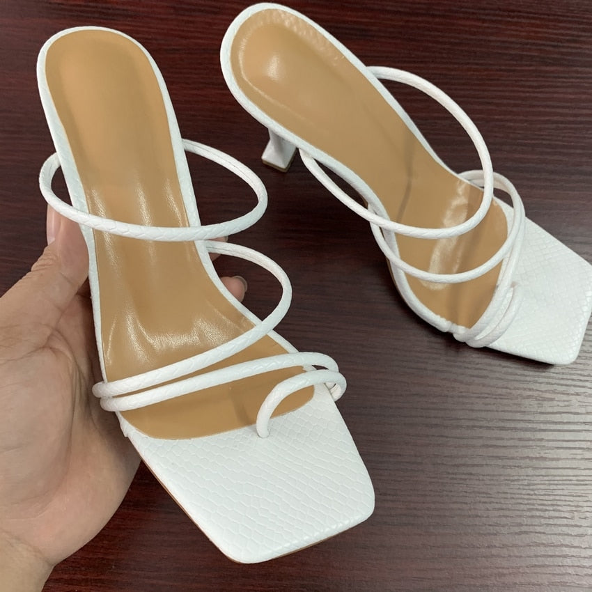 25,59 USD - Sandales à talons hauts imprimé serpent, mules à brides, pantoufles, escarpins, tongs, mules à bout carré, chaussures de soirée pour femmes