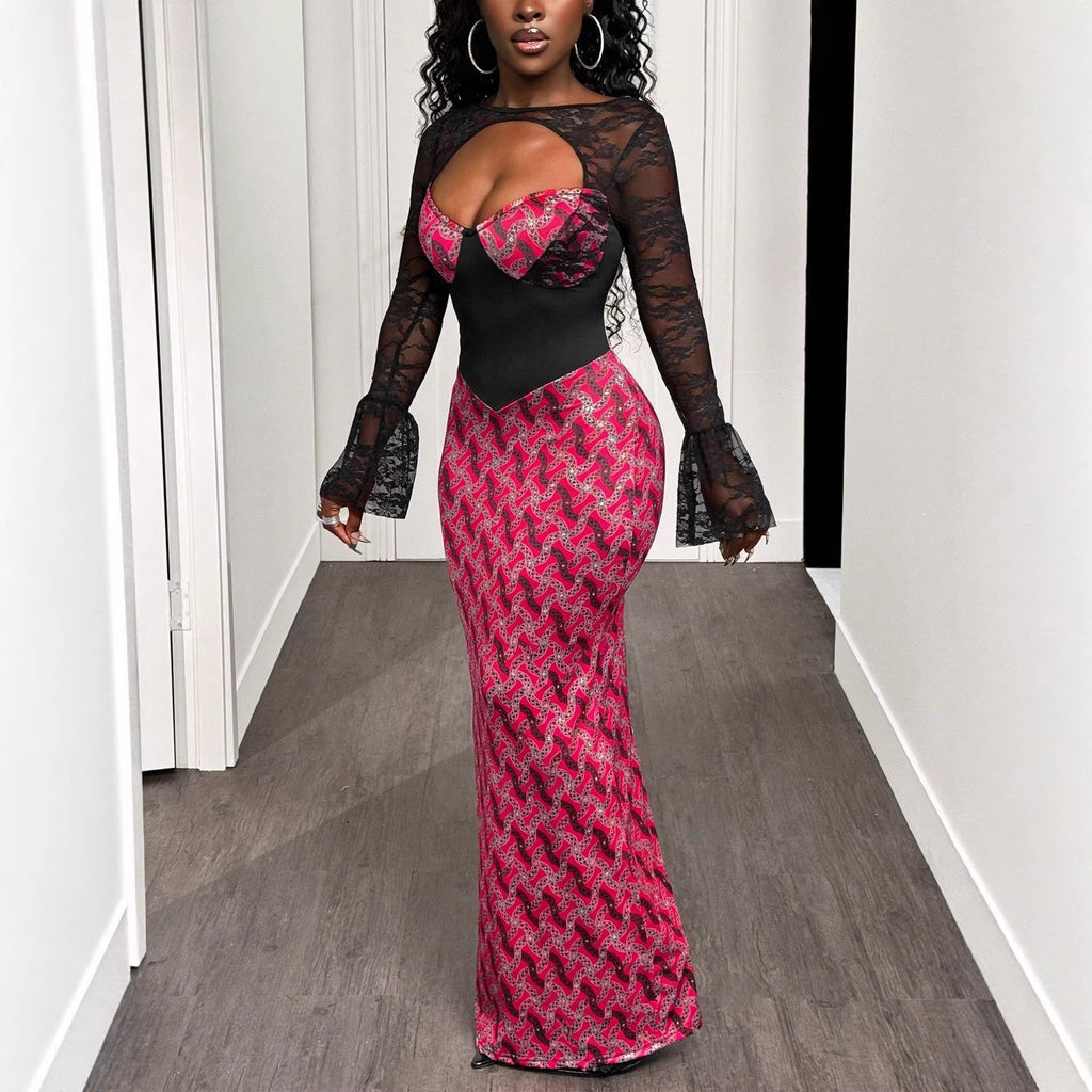 Robe longue sexy à épaules dénudées et manches évasées, ornée de dentelle, coupe ajustée, pour femme