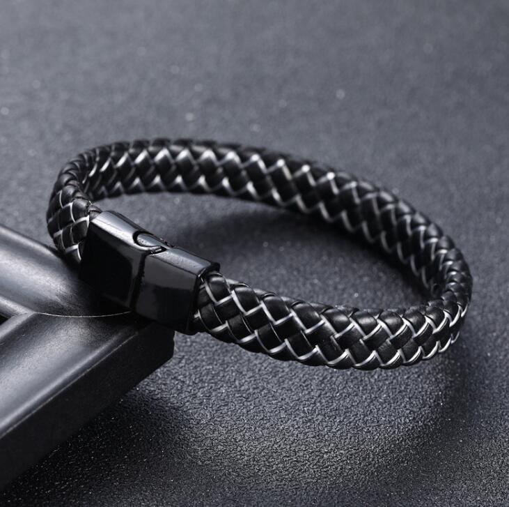 14.86 USD - Men's Black and Blue Braided Leather Bracelet, Stainless Steel Magnetic Clasp, Charm Bracelet, Gift