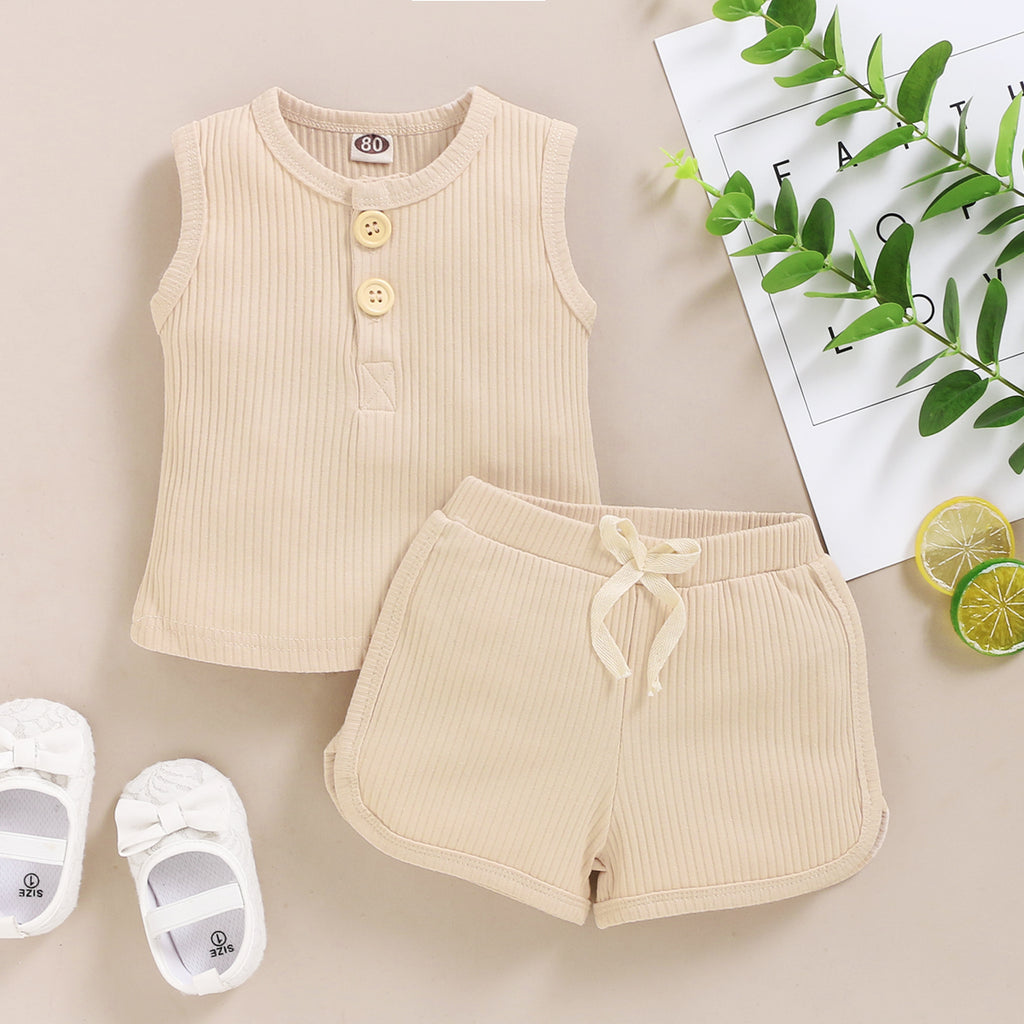 15.13 USD Ensemble de vêtements pour bébés garçons et filles, débardeur sans manches à boutons et short assortis.
