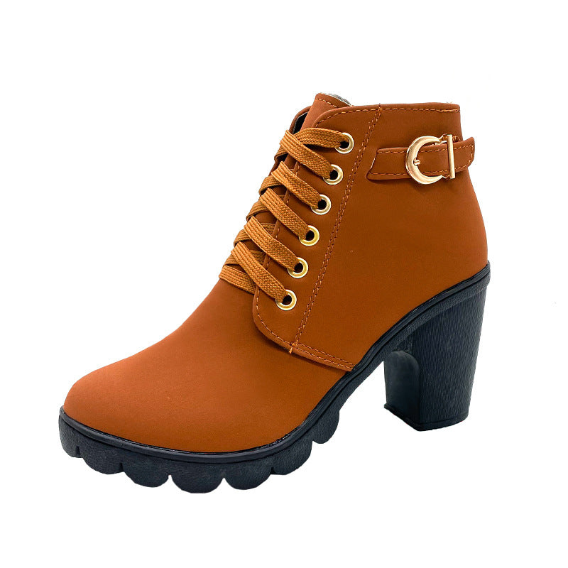 Women's high-heeled Martin boots, buckle, chunky heel, and round toe