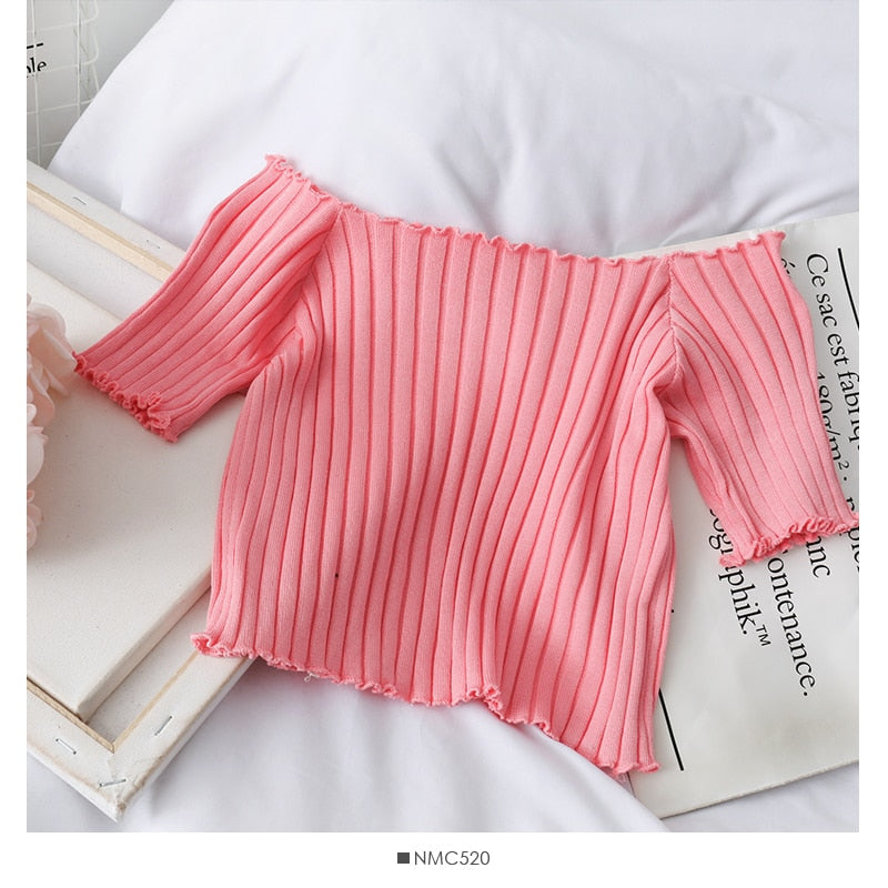 16.19 USD - HELIAR Women's Off Shoulder Mesh Crop Tops Short Sleeve Ruffle Hem Stretchy Summer Collection 2020