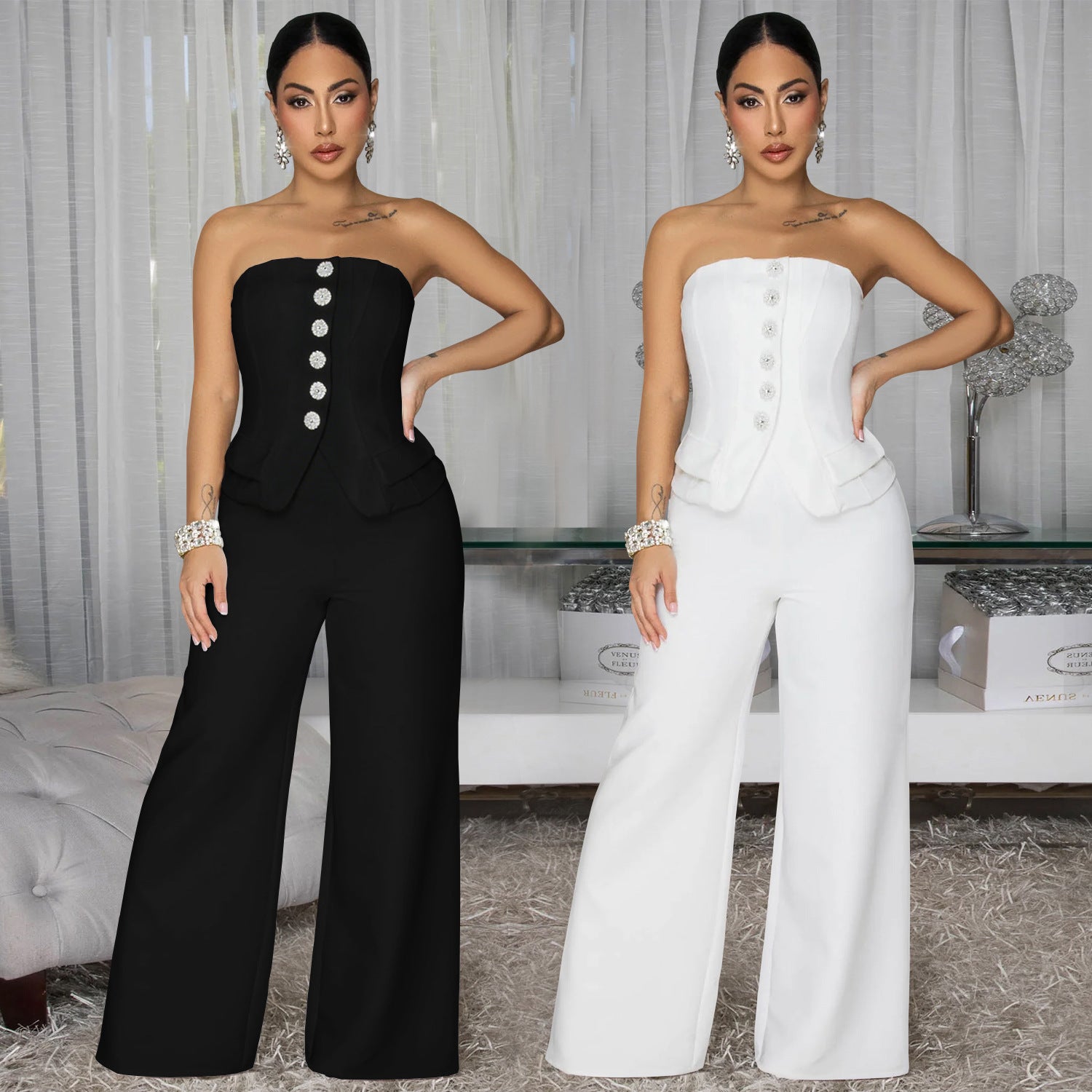 Combinaison bustier dos nu sexy à jambes larges pour femme