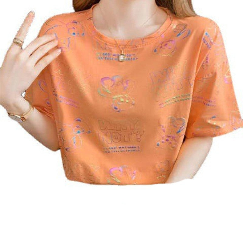 Casual Loose Fit Cotton Blend Short Sleeve T-Shirt for Women Summer Top with Regular Shoulder Design