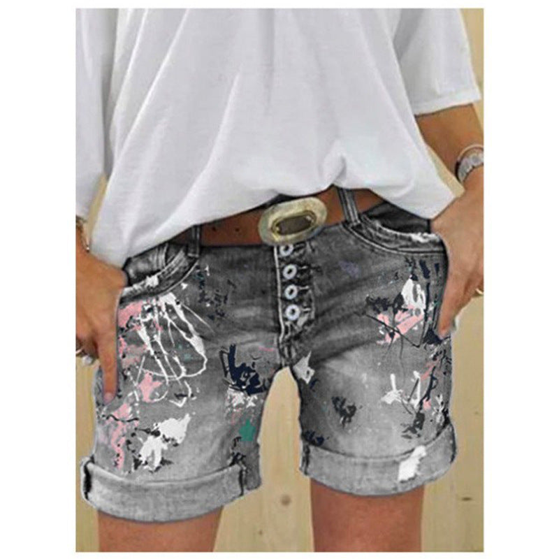 Short en jean imprimé taille haute élastique pour femme, fermeture boutonnée, grande taille, modèle tendance