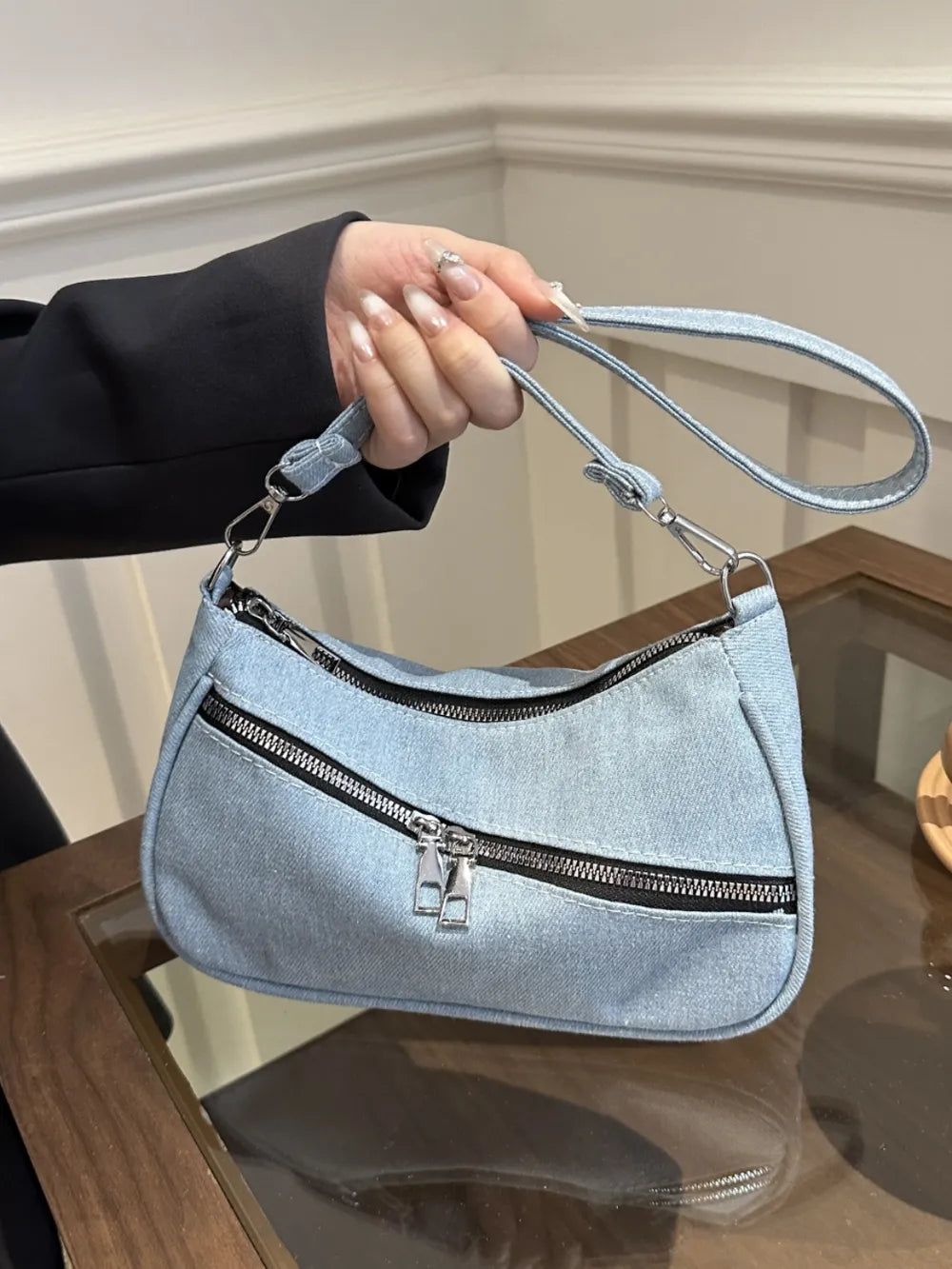 Denim crossbody bag with zipper closure