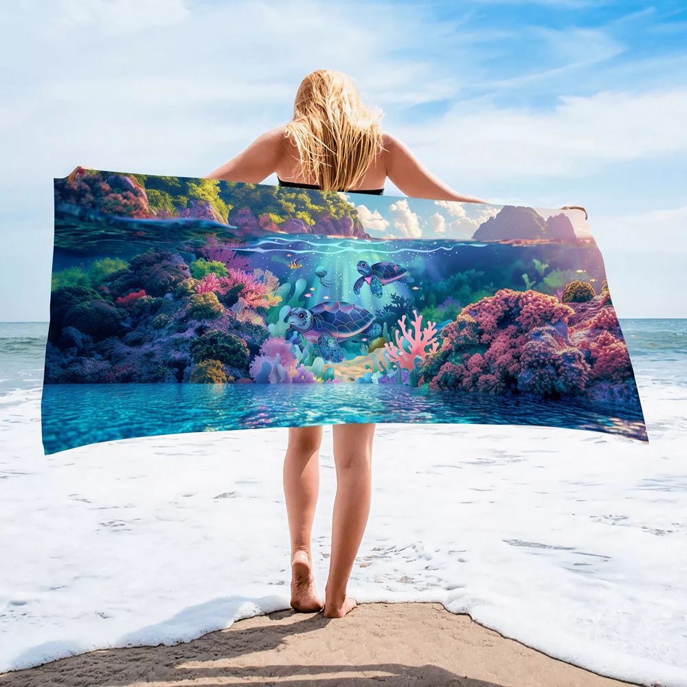 Serviette de plage en microfibre ultra-fine à motif de tortue marine – Serviette de bain double face à séchage rapide – Tapis de plage anti-sable