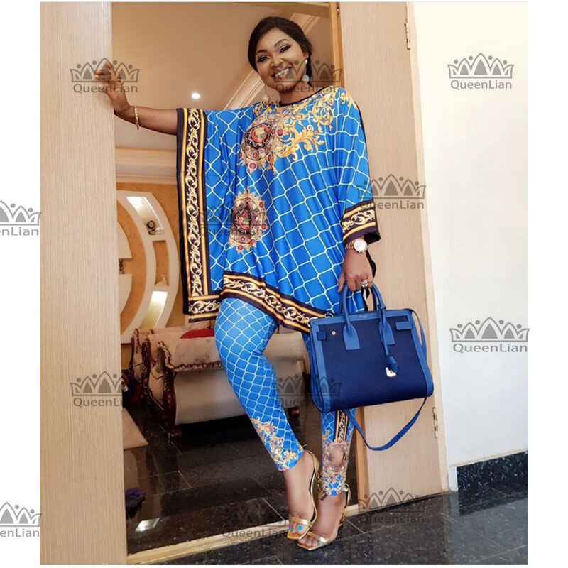 Ensemble 2 pièces style africain  – Haut et pantalon – Tissu très extensible – Grande taille – Idéal pour les soirées
