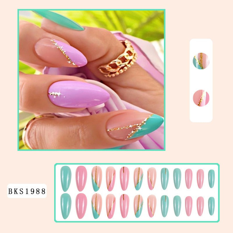 Almond manicure, natural look, trendy style, medium-length nails, patch effect.