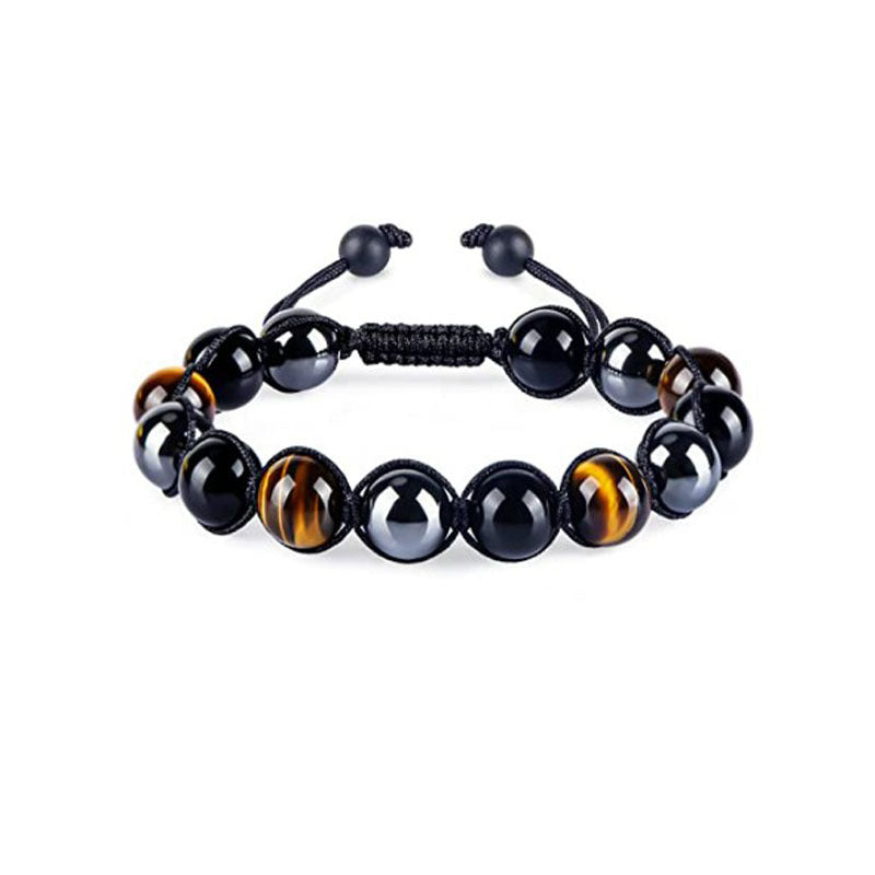 $13.59/14.75 USD - 8mm Black Tiger Eye Beaded Adjustable Double Bracelet, Braided Elastic Cord, Hand Pull.