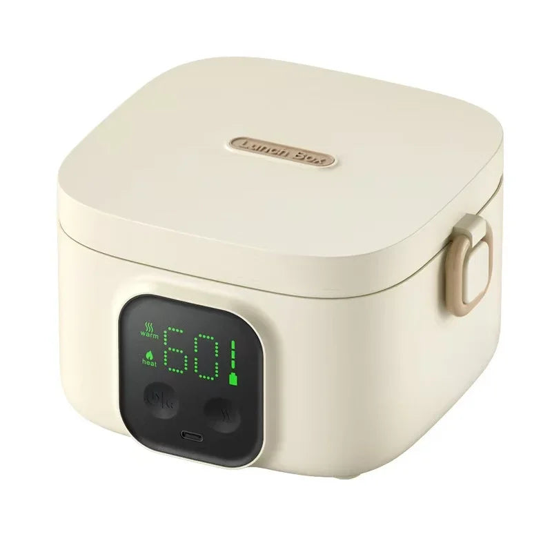 Wireless and waterless portable heating lunch box, small capacity, ideal for babies and camping trips. LCD screen. Rechargeable electric lunch box.