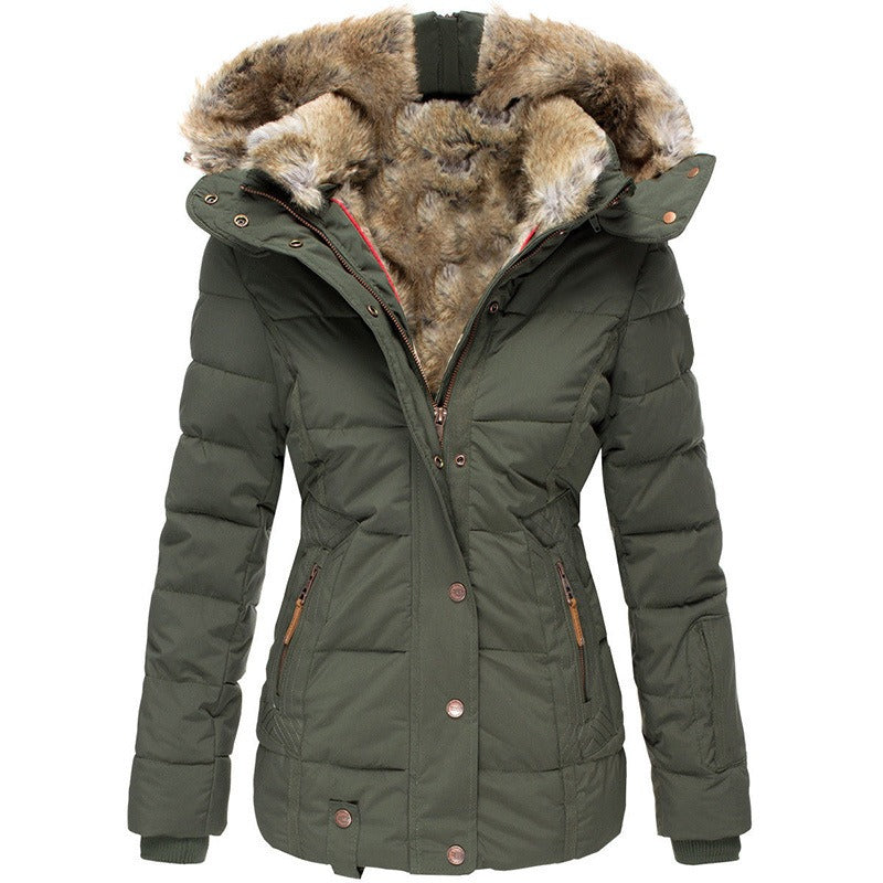 Women's warm winter coat in wool and cotton, wool collar, zip closure, long sleeves, slim fit, hood