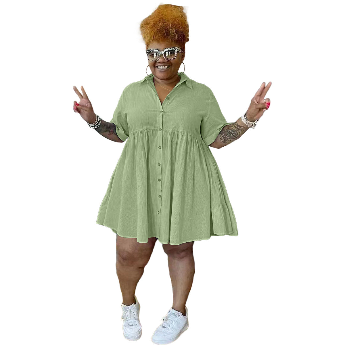 Robe en coton et lin grande taille pour femme, boutonnée sur le devant
