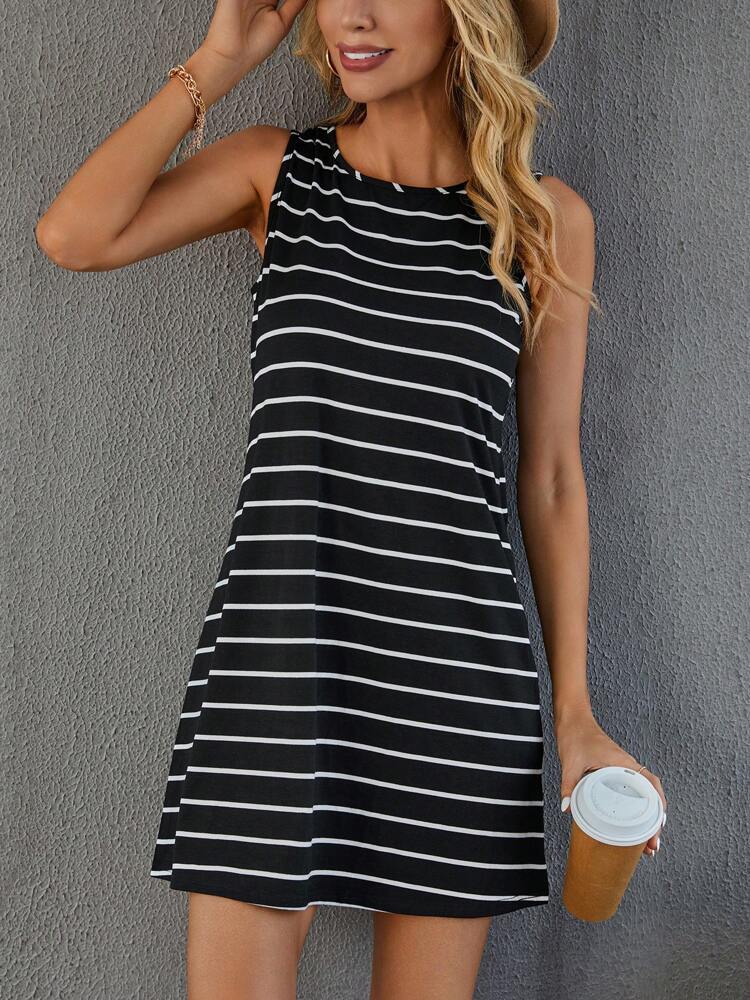 Elegant striped dress, casual A-line midi dress, round neck, breathable and sleeveless