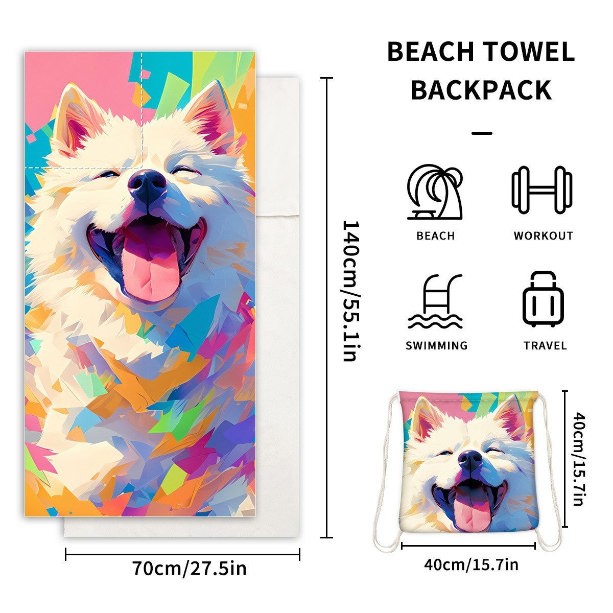 Serviette de plage pliable 2-en-1 et serviette de bain imprimée – Serviette de plage tout-en-un avec sac de rangement