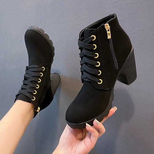 Women's high-heeled Martin boots, buckle, chunky heel, and round toe
