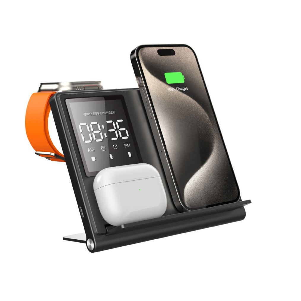 Trending product: 5-in-1 foldable wireless charging stand with pixel animation for smartphone, smartwatch, and earbuds.