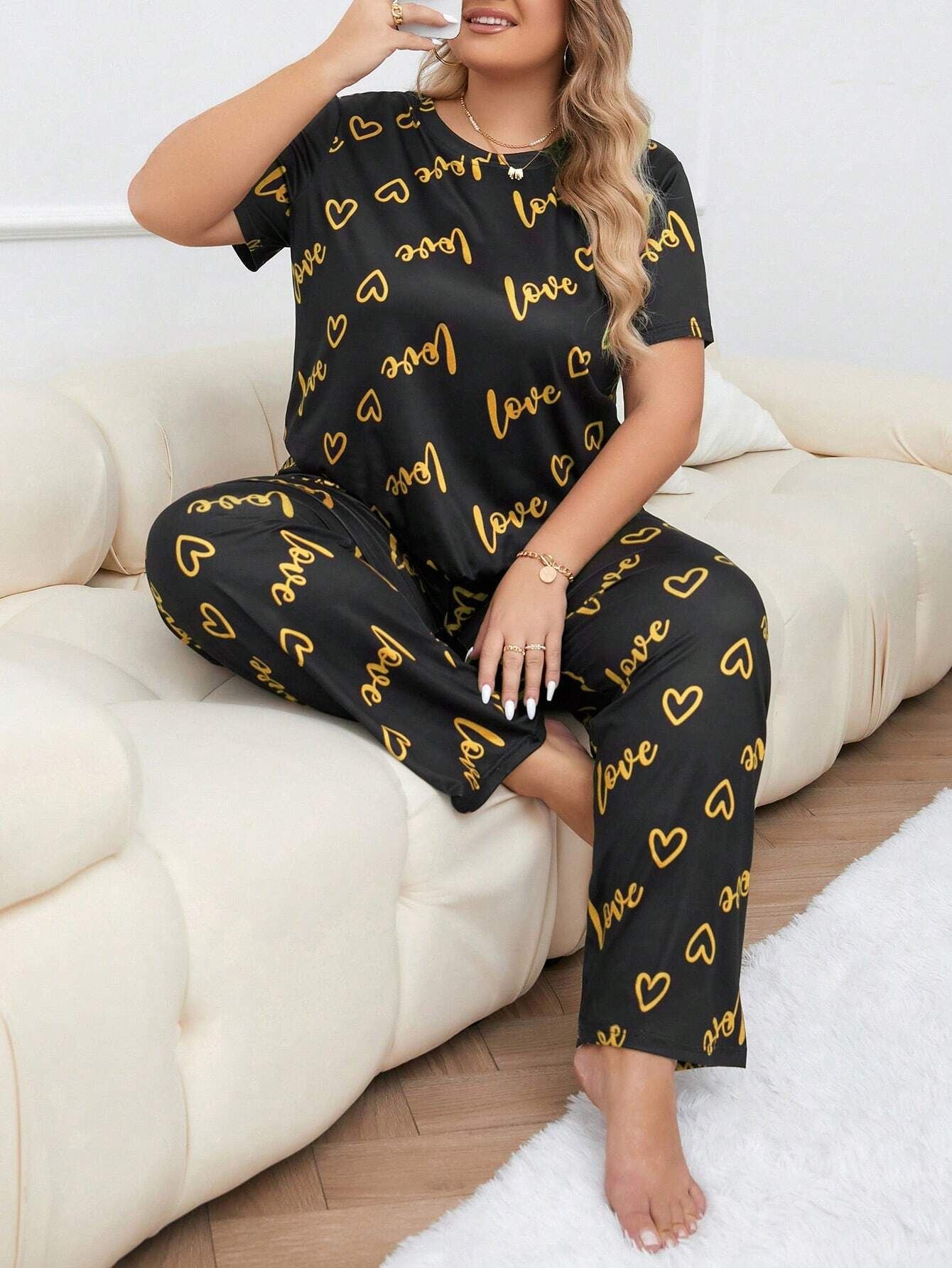 Ensemble de pyjama femme grande taille à manches courtes et pantalon long, col rond et lettre cœur
