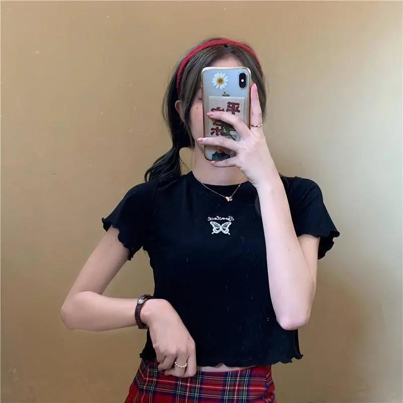 High Waist Crop Top Women's Slim Fit Stretchy Versatile Butterfly Embroidery Short Sleeve T-Shirt