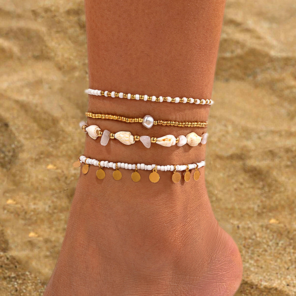 Ensemble de 3 bracelets de cheville style plage décontracté (perles de riz rondes et chaînette en acrylique avec pendentifs goutte d'eau et pièce)