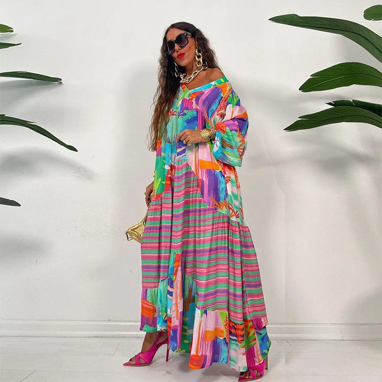 Spring Summer African Women Long Sleeve V-neck Printing Long Dress Maxi Dress Dashiki African Dresses for Women XS-3XL