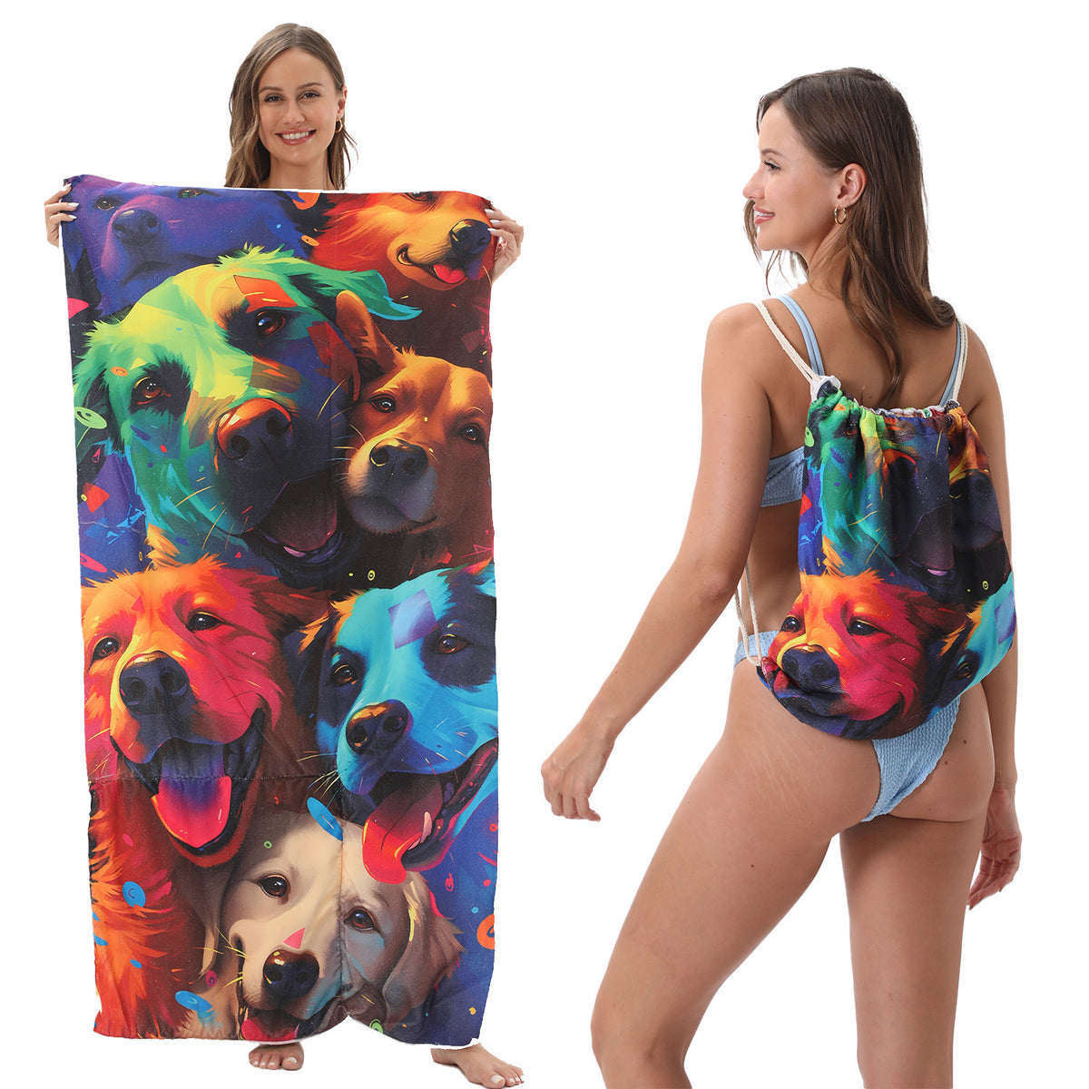 Serviette de plage pliable 2-en-1 et serviette de bain imprimée – Serviette de plage tout-en-un avec sac de rangement