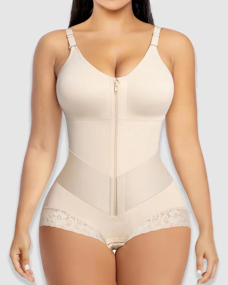 Culotte gainante taille haute en dentelle avec fines bretelles, fermeture zippée avant et taille élastique diagonale