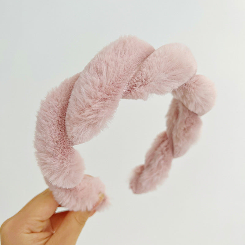 USD 15.72 - Faux Rabbit Fur Braided Headband, Cute Fluffy Solid Color Hair Accessory R526