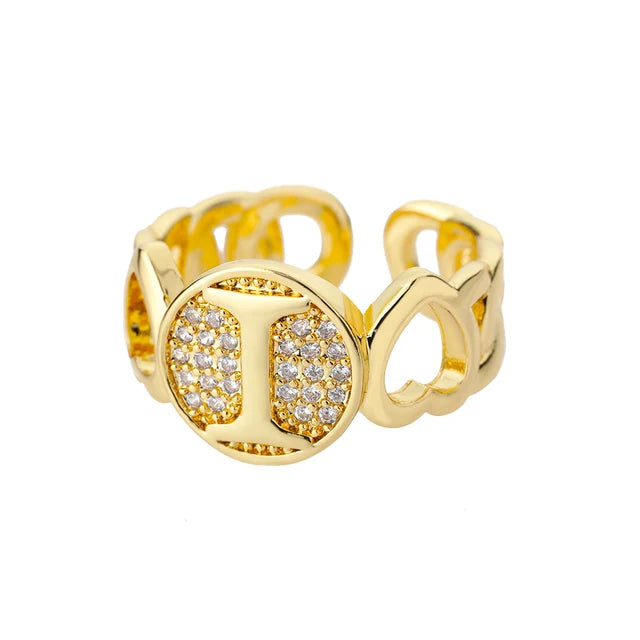 USD 7.92 - Women's Rainbow Zircon Initial Ring, Gold Stainless Steel, Adjustable, Bohemian Style. Couple Ring. Baguette Style Jewelry.