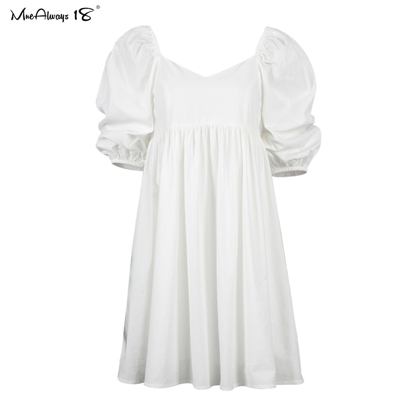Sexy Off Shoulder White Women Dress Cotton Big Puff Sleeve Dress Short A-line Summer Mini Dress Ladies Pleated Loose
