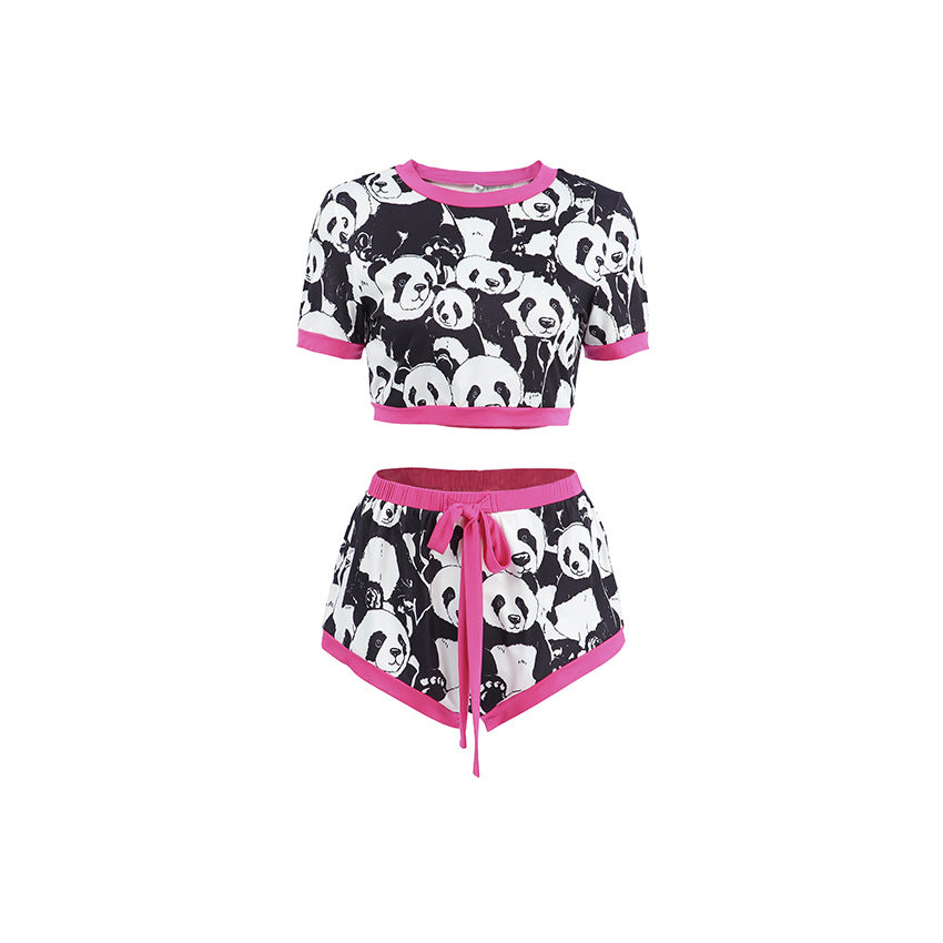 Ensemble deux pièces pour femme : crop top patchwork à imprimé panda et short à nouer - Vêtements d'intérieur