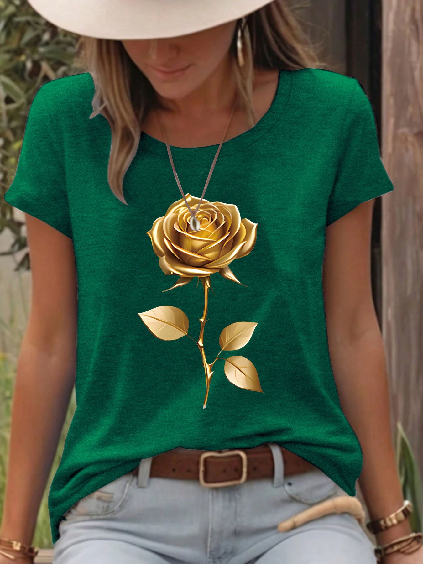 $18.62 - Short Sleeve Round Neck T-Shirt with Gold Rose