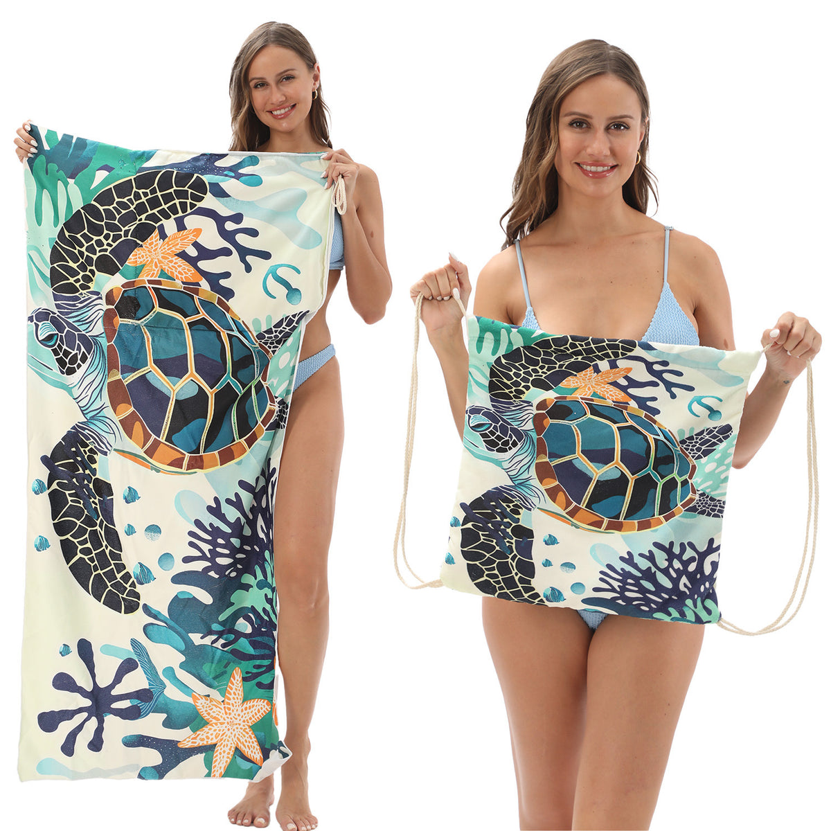 Serviette de plage pliable 2-en-1 et serviette de bain imprimée – Serviette de plage tout-en-un avec sac de rangement