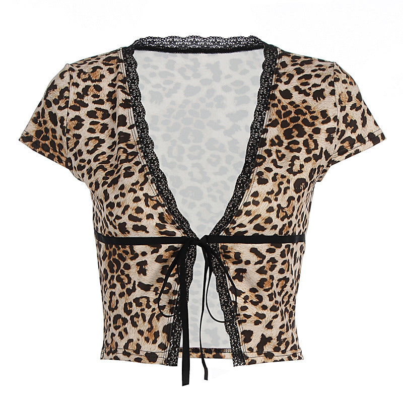 16,05 USD - T-shirt cardigan zippé en dentelle léopard