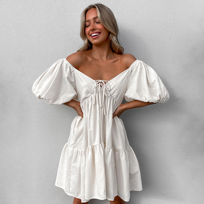 Casual Khaki Linen Dress with Design Sense Belted V-Neck Short Sleeve A-Line Dress for Women