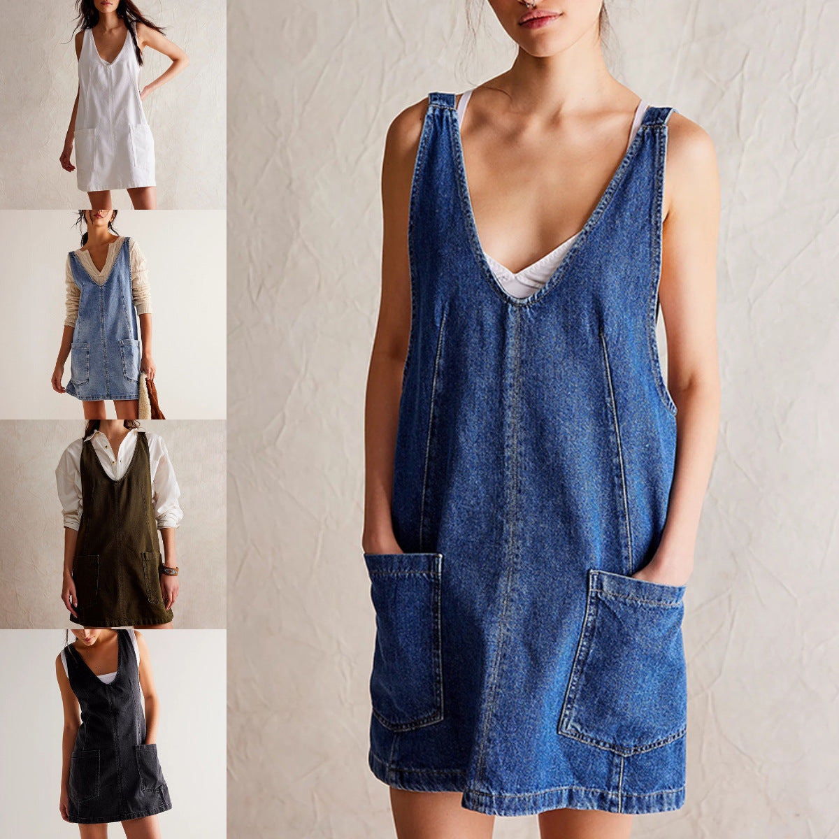 Robes d'été pour femmes, jupes courtes en jean décontractées à bretelles et poches, style vintage élégant, coupe trapèze, dos nu et sans manches.