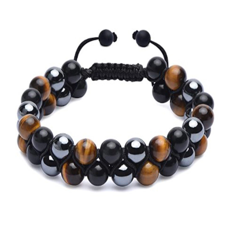$13.59/14.75 USD - 8mm Black Tiger Eye Beaded Adjustable Double Bracelet, Braided Elastic Cord, Hand Pull.