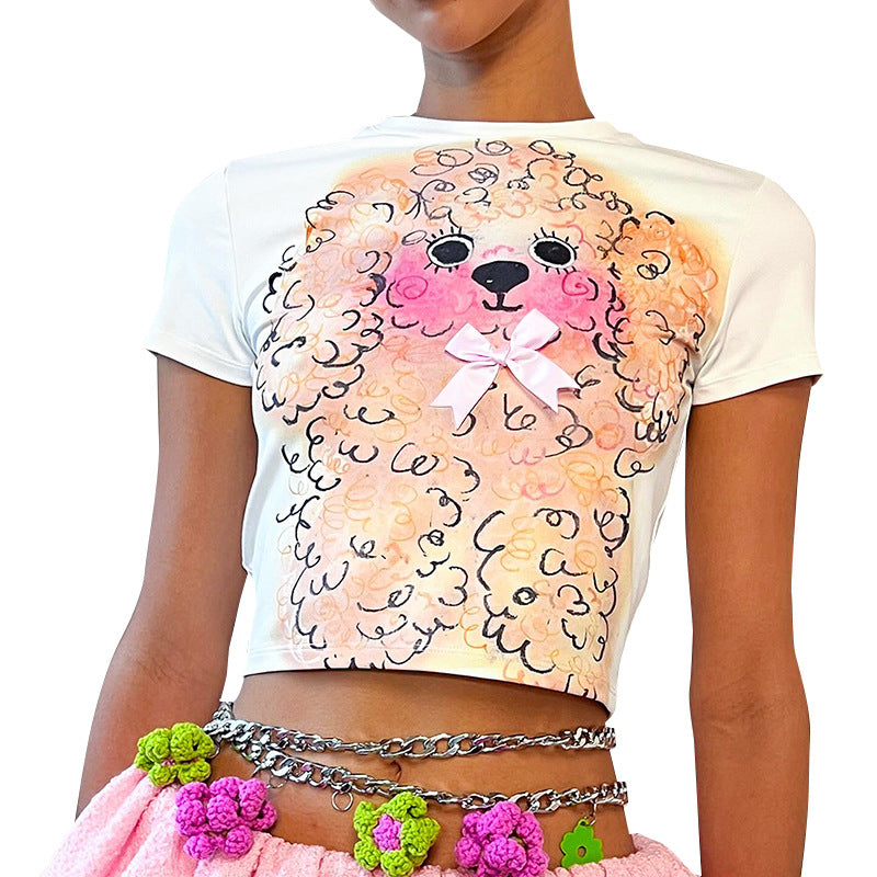 Camiseta corta con estampado de cachorro rizado y ombligo expuesto para mujer