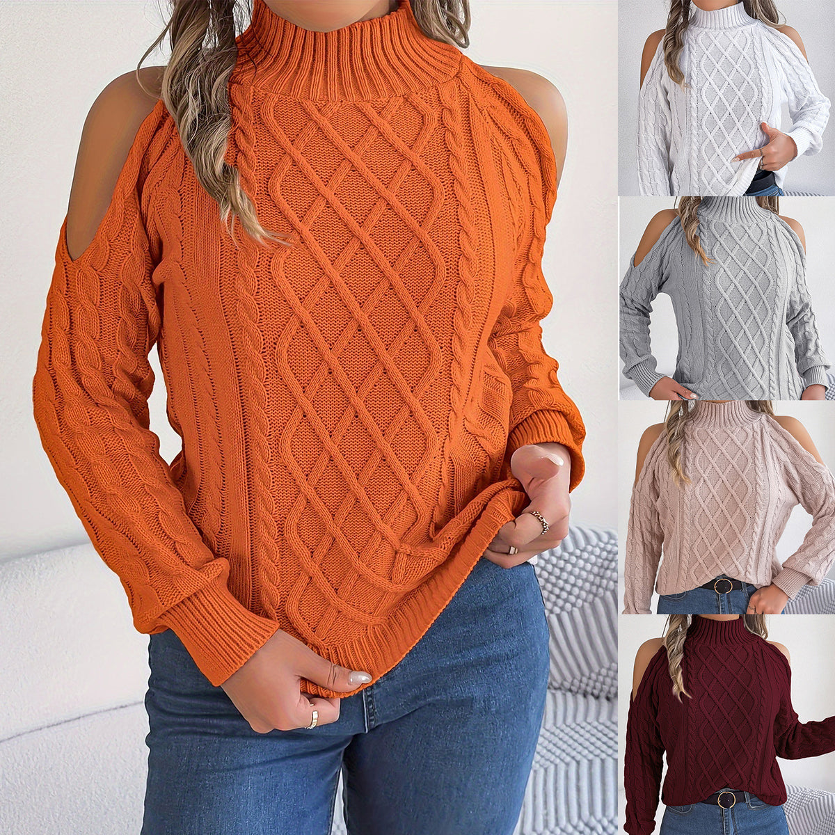 Women's autumn and winter casual warm twisted off-shoulder half-high collar long-sleeved pullover sweater