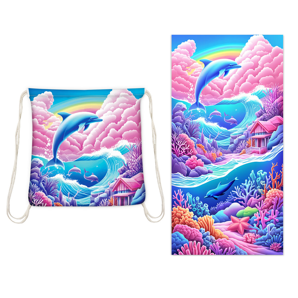 Serviette de plage pliable 2-en-1 et serviette de bain imprimée – Serviette de plage tout-en-un avec sac de rangement