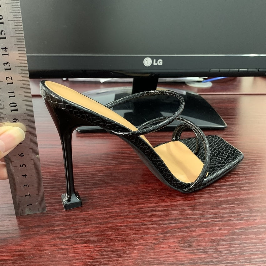 25,59 USD - Sandales à talons hauts imprimé serpent, mules à brides, pantoufles, escarpins, tongs, mules à bout carré, chaussures de soirée pour femmes