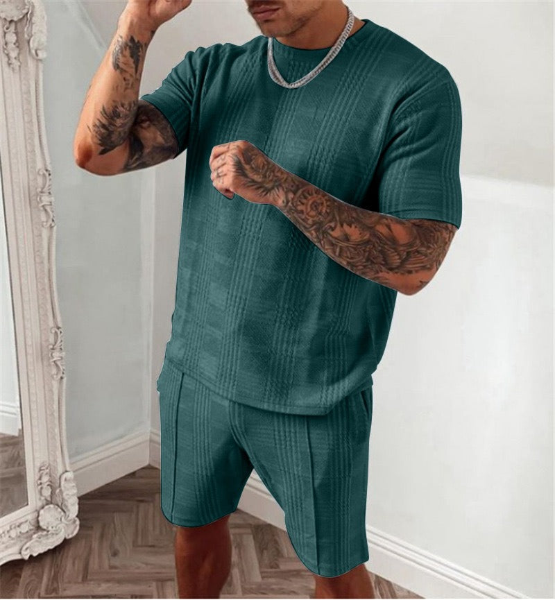 Men's casual round-neck short-sleeved t-shirt set with 3D print