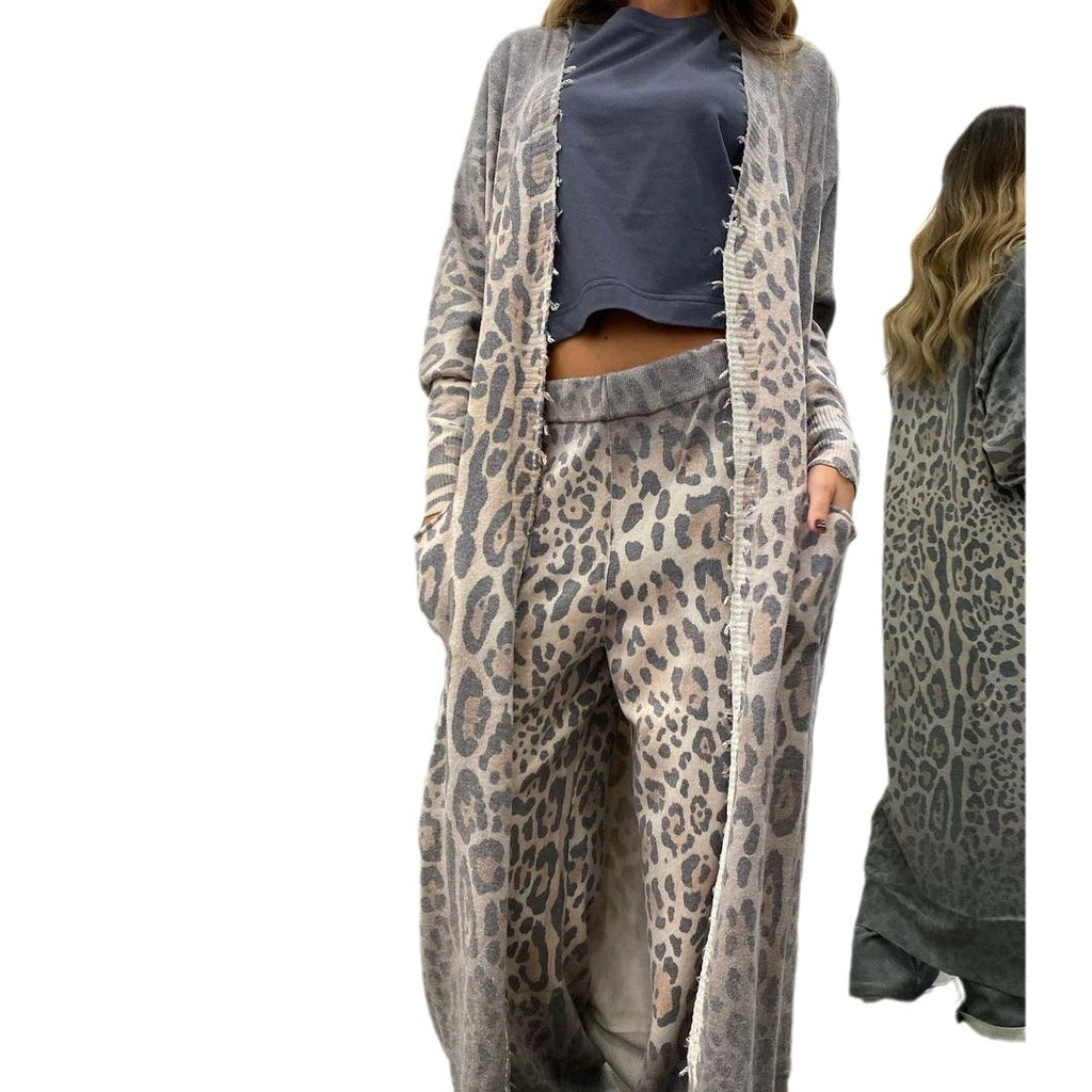 Ensemble deux pièces pour femme : veste cardigan à manches longues et pantalon long, motif léopard