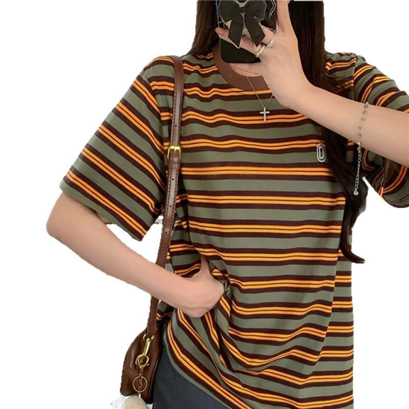 Women's Casual Vintage Color-Block Striped Short-Sleeve T-shirt