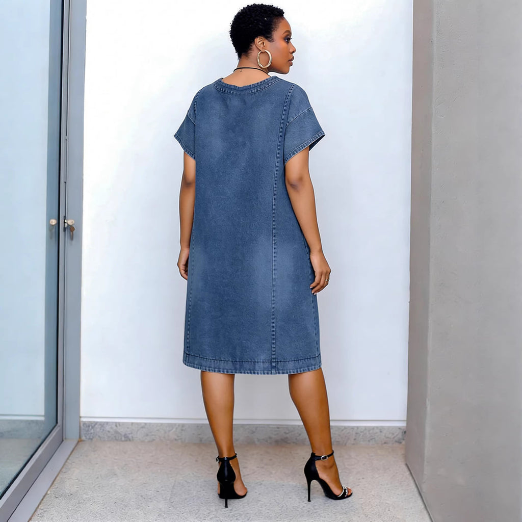 Robe en jean décontractée à manches courtes et ourlet arrondi fendu, épaules dénudées