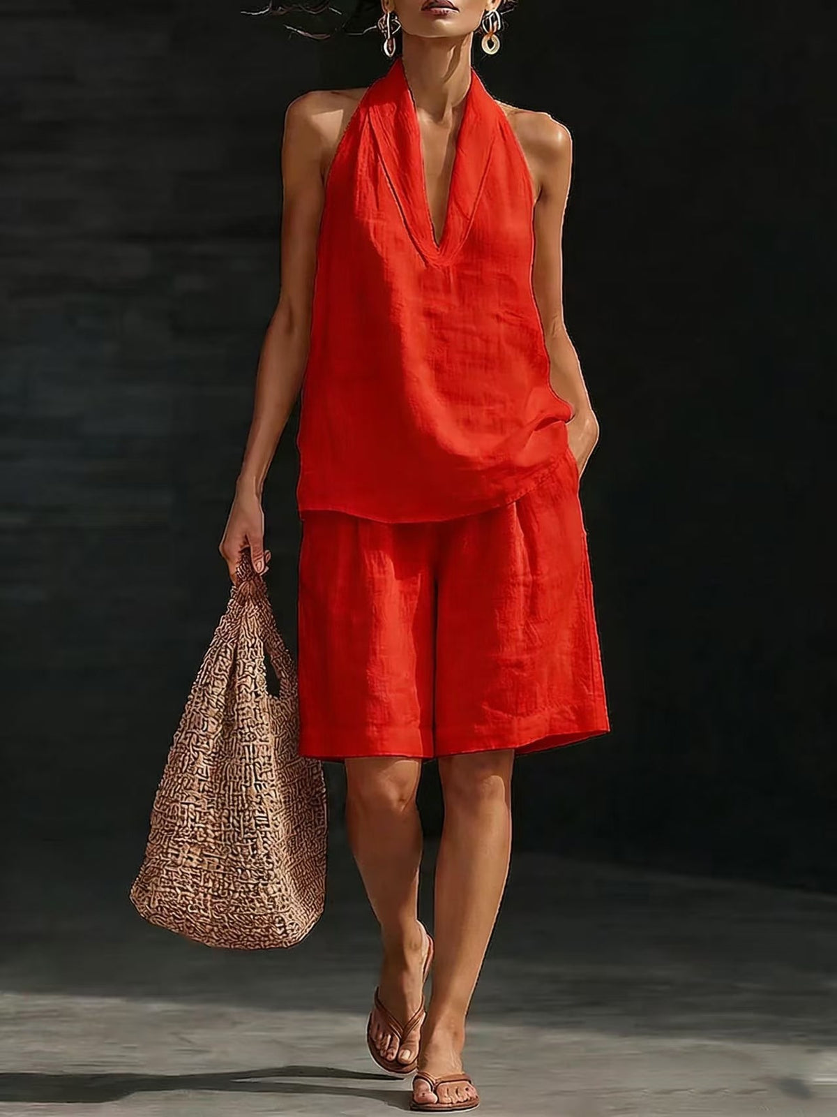 Ensemble décontracté pour femme (gilet et short) en mélange lin-coton, coupe ample tendance, style printemps-été