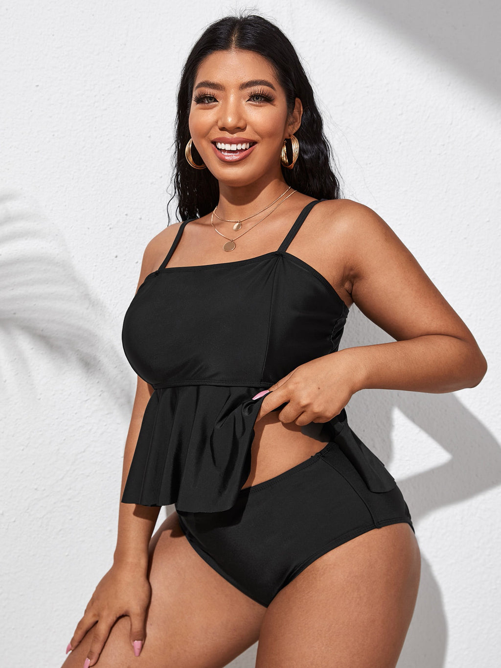 Swimsuit Women Two-Piece Solid Color Black Plus Size Fat