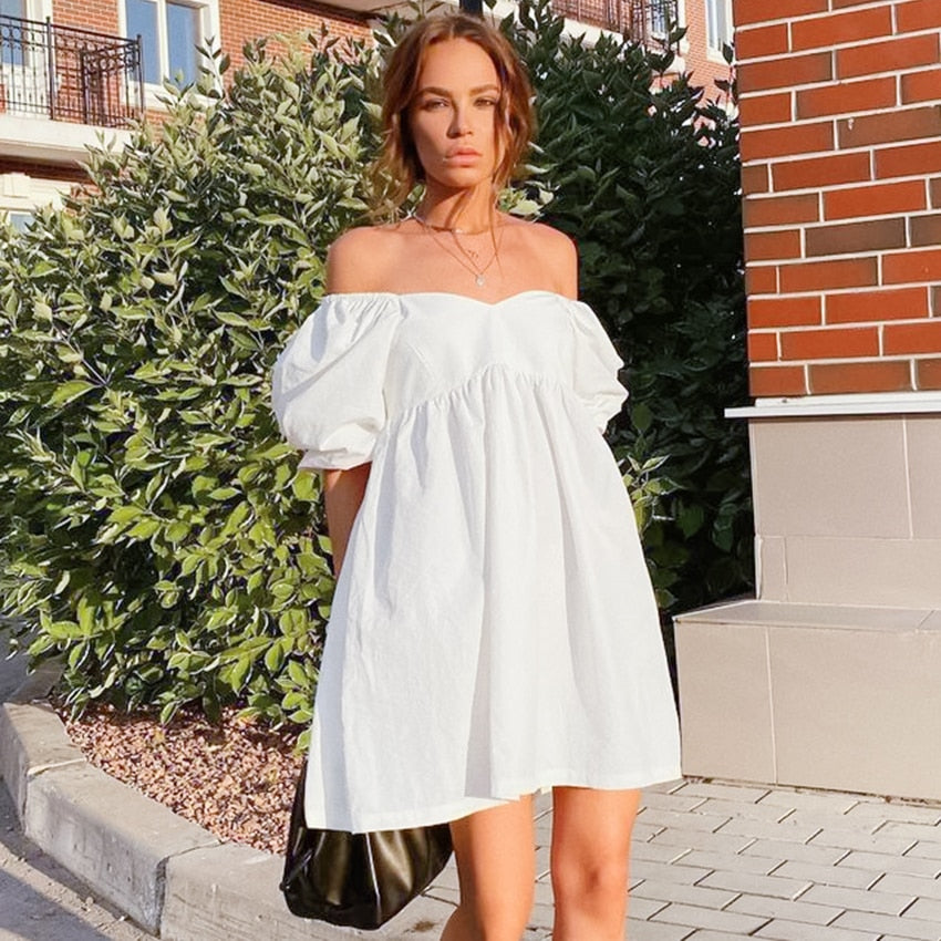 Sexy Off Shoulder White Women Dress Cotton Big Puff Sleeve Dress Short A-line Summer Mini Dress Ladies Pleated Loose