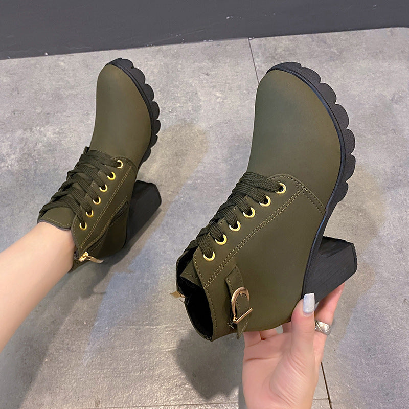 Women's high-heeled Martin boots, buckle, chunky heel, and round toe